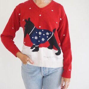 VTG Liz Claiborne Red Knit Dog Snowflake Winter Cotton V Neck Holiday Sweater M